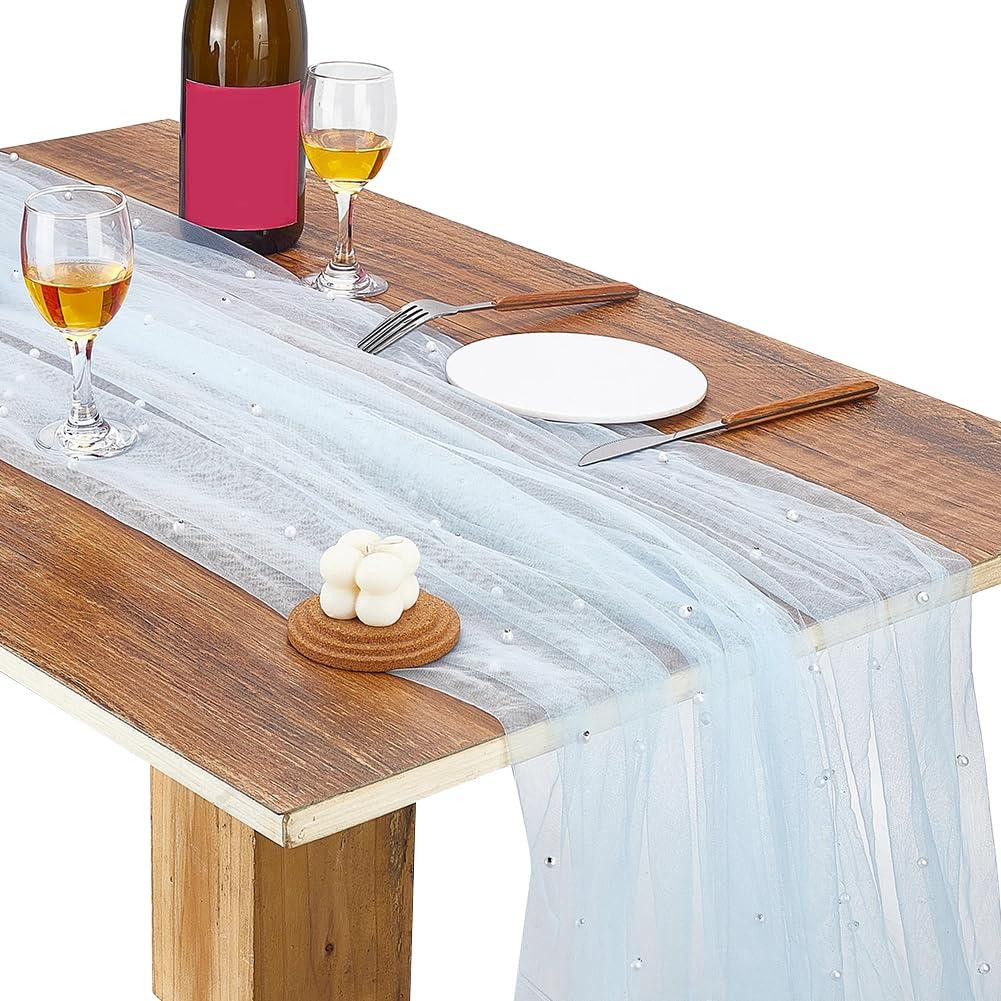 Dripio Parelmoer-tafelkleed in hemelsblauw met bohemien-stijl en tulle