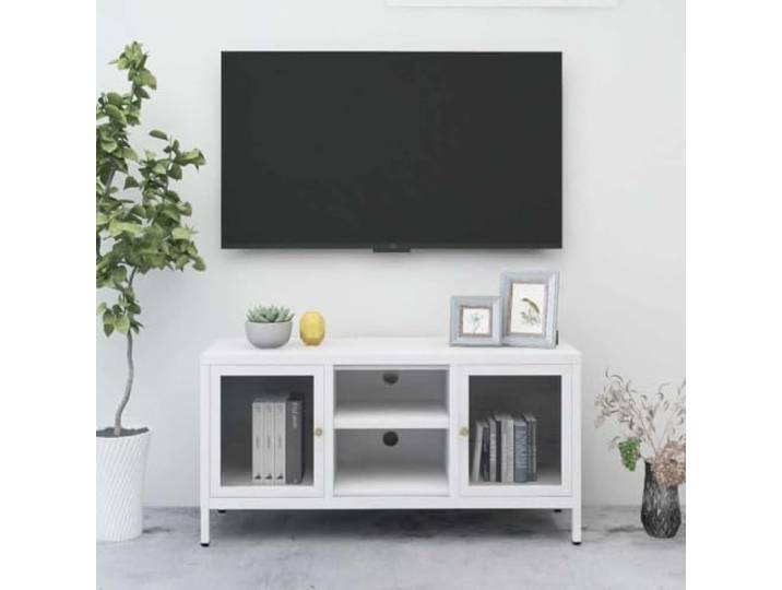 HEFZGDB TV-Schrank Weiß 105x35x52 cm Stahl und Glas mit Glastür und verstellbaren Füßen für sicheren Stand, Stauraum Regal mit Einlegeböden, Robustes TV-Möbel für Wohnzimmer,