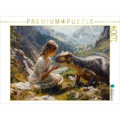 CALVENDO Puzzle Streicheleinheiten - junge Frau und Dinosaurier | 1000 Teile Lege-Größe 64x48cm Foto-Puzzle für glückliche Stunden