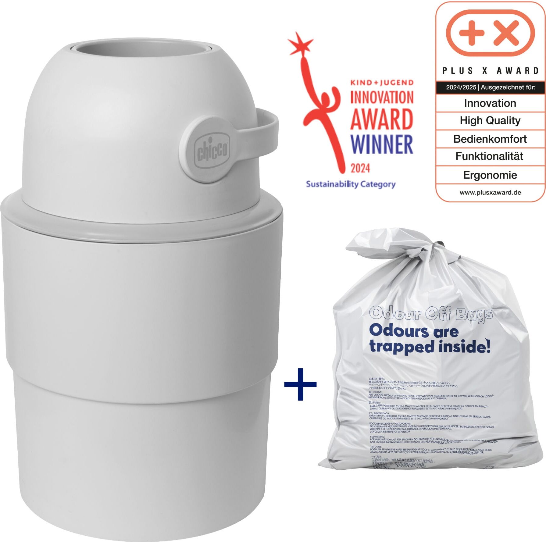 Windeleimer CHICCO "Odour Off", Baby, Gr. B/H/T: 47cm, grau, Kunststoff, Mülleimer Windeleimer, inkl. 1 Pack Müllbeutel Odouzr off; teilweise aus recyceltem Material grau B/H/T: 47cm