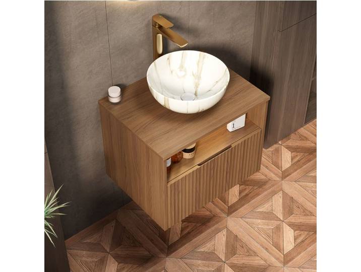Meuble Sous Vasque 60cm Chene Marron Meuble Salle De Bain FloraGrace Pour Salle De Bain Livre Premonte LED 60x46x60 8cm