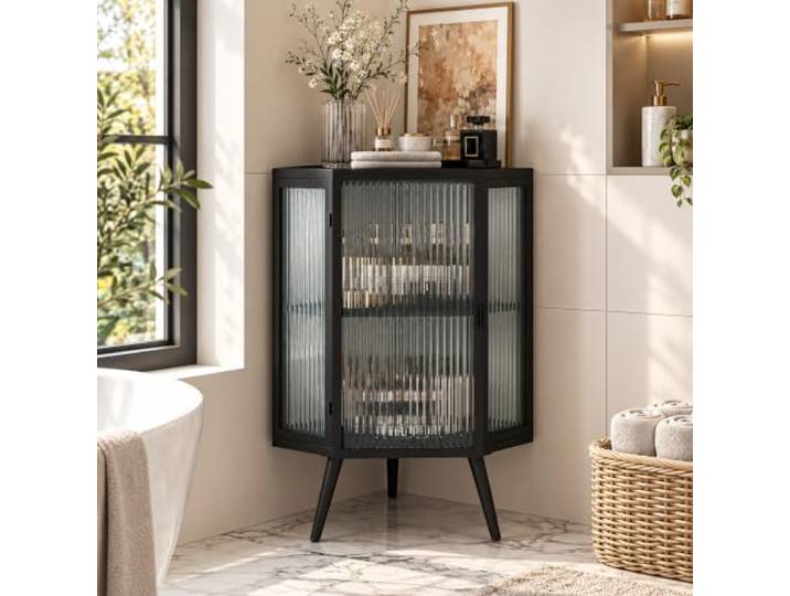 Eckschrank Bad 80 cm, Metall & Glas, 2 Ablagen, Schwarz Platzsparender Bodenschrank für Ecken mit geriffelter Glastür und erhöhten Beinen für Bad, Wohnzimmer und Schlafzimmer