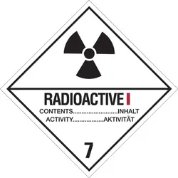 Gefahrzettel, Gefahrgutklasse 7A - Radioaktive Stoffe, Kategorie: I-WEISS - 100x100 mm Folie selbstklebend