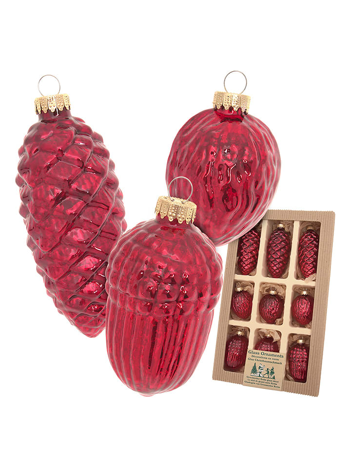 Krebs Glas Lauscha Christbaumornamente "Nüsse & Zapfen" in Rot - 9 Stück - onesize