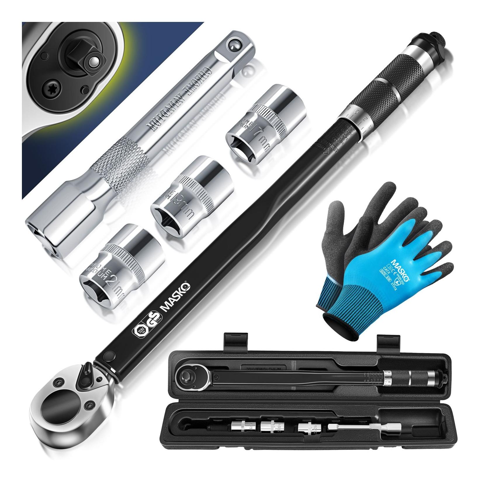 MASKO® Drehmomentschlüssel 6tlg. Set 40-210Nm 1/2 ' CV inkl. 3 Stecknüssen 17mm, 19mm, 21mm und Verlängerung 125mm inkl. Koffer +/- 4% Toleranz Reifenschlüssel Auto Drehmoment-Schlüssel