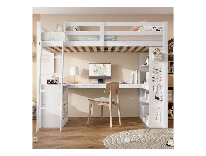 LuxusKollektion Hochbett Hochbett 90x200 weiß Schrägleiter Ablage
