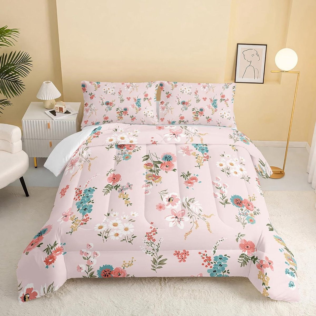 3-delige dekbedset met roze bloemen voor volwassenen
