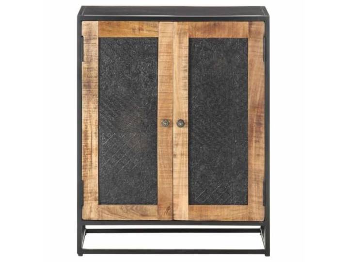 KKgypkn Sideboard 60x35x75 cm Raues Mangoholz Pulverbeschichteter Eisenrahmen, 2 Türen mit Handgeschnitztem Muster, Stabile Deckplatte