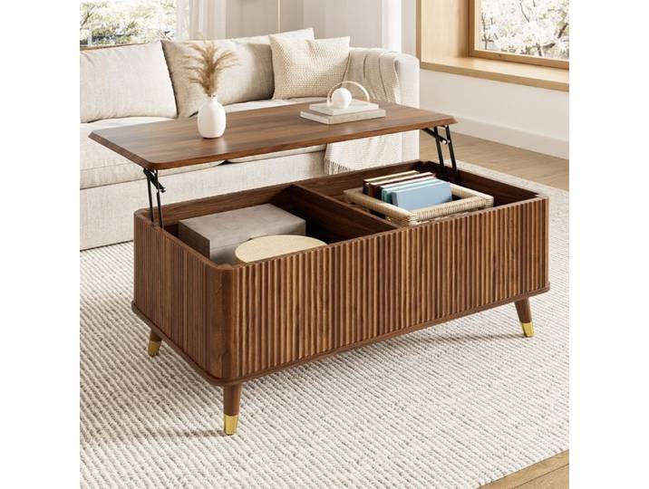 Table basse ovale relevable 97x52x56 5 cm façade ondulée grand rangement pieds en bois style rétro MDF effet noyer