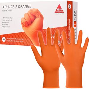 Hase Einmalhandschuhe XTRA Grip, orange, 50 Stück, Nitril, chemikalienbeständig, lebensmittelecht, Größe L