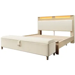 OKWISH Komfortables Doppelbett Polsterbett 200x180 cm mit LED Beleuchtung Kopfteil Stauraum Ablage und Bettbank Cordstoff Beige Möbel