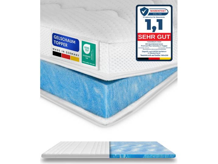 AM Qualitätsmatratzen Premium Plus Gelschaum-Topper 90x190 cm 8 cm hoch Bezug aus Lyocell Antirutschfunktion Umlaufendes Klimaband Gel-Topper 90 x 190 8cm