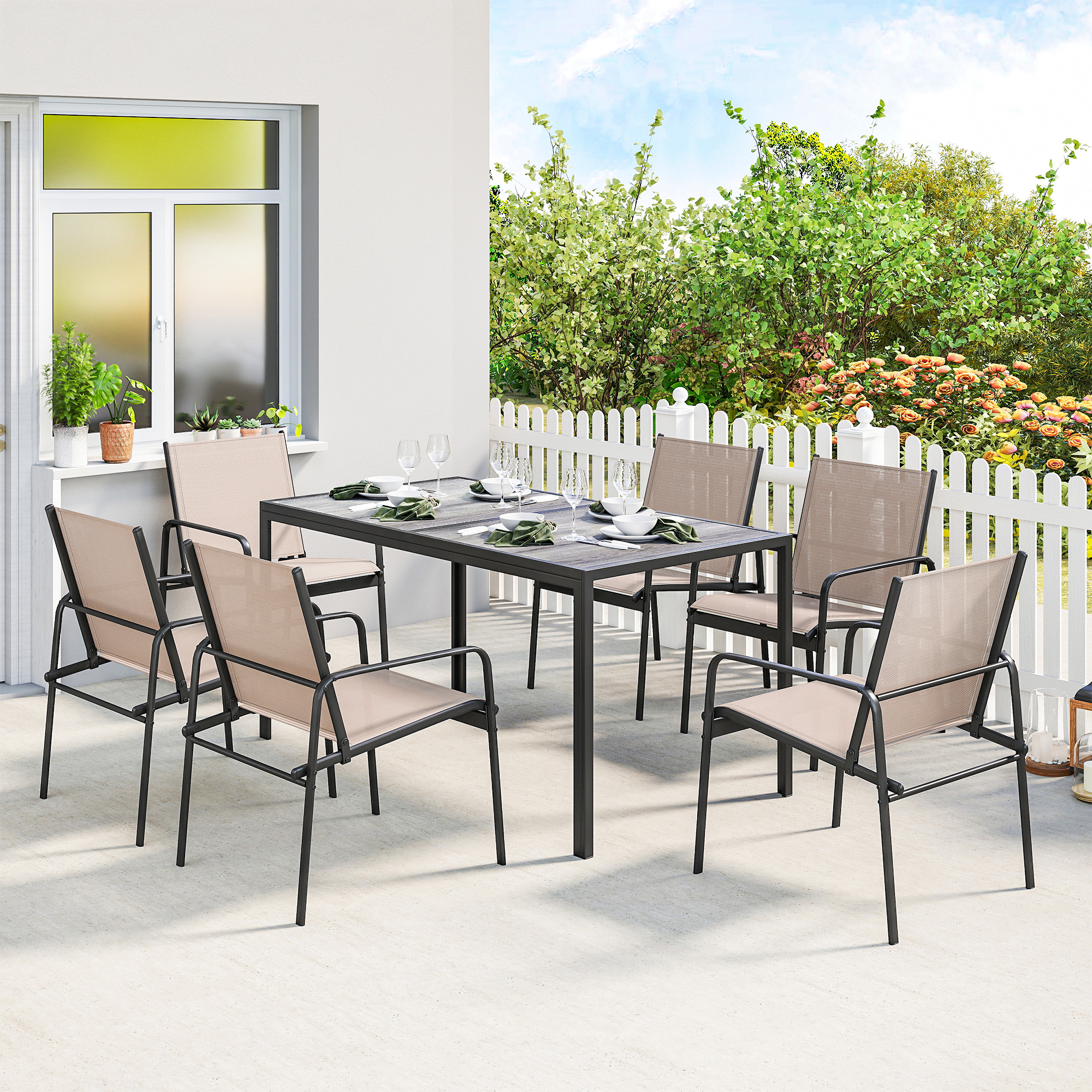 Outsunny Set Tavolo e Sedie da Giardino con Tavolo Effetto Legno e 6 Sedie con Seduta Traspirante per Terrazza Patio Kaki   Aosom Italy