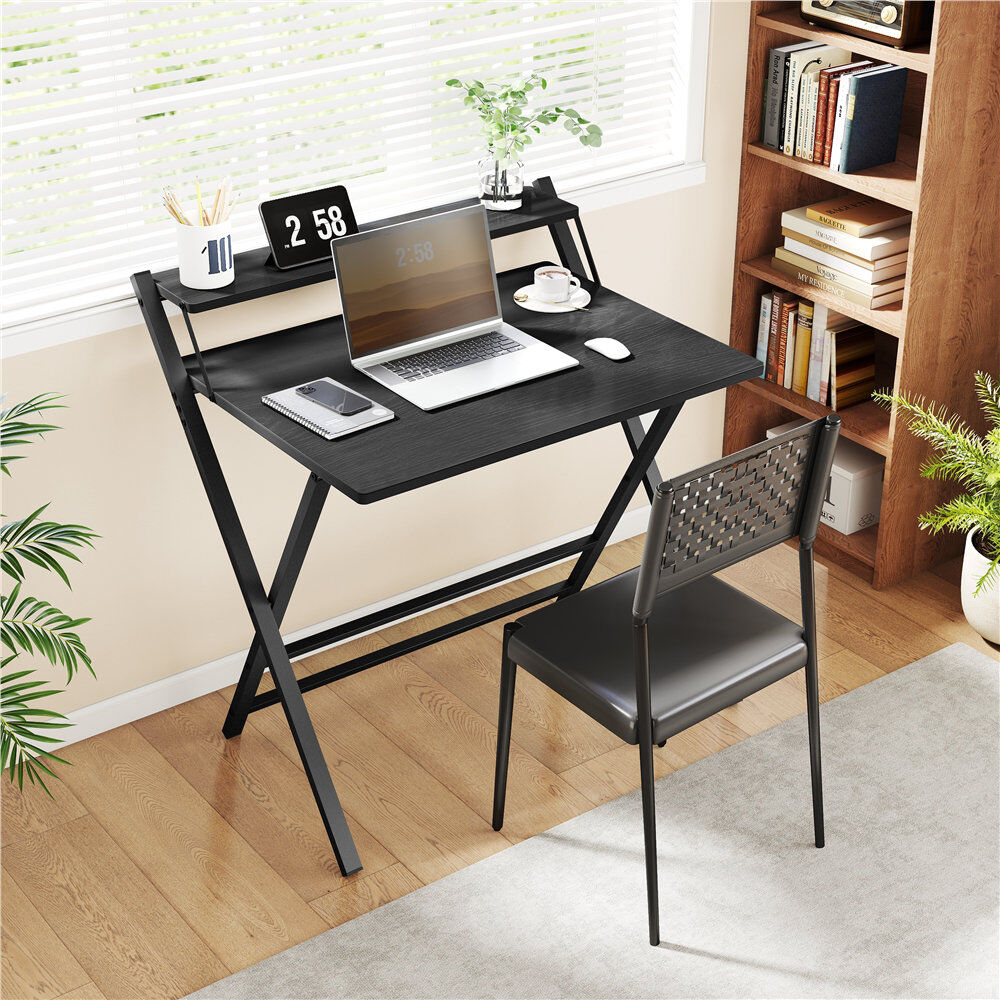 17 Stories 2-Tier Foldable Computer Desk Black 90cm. H x 86.5cm. W x 60.5cm. D