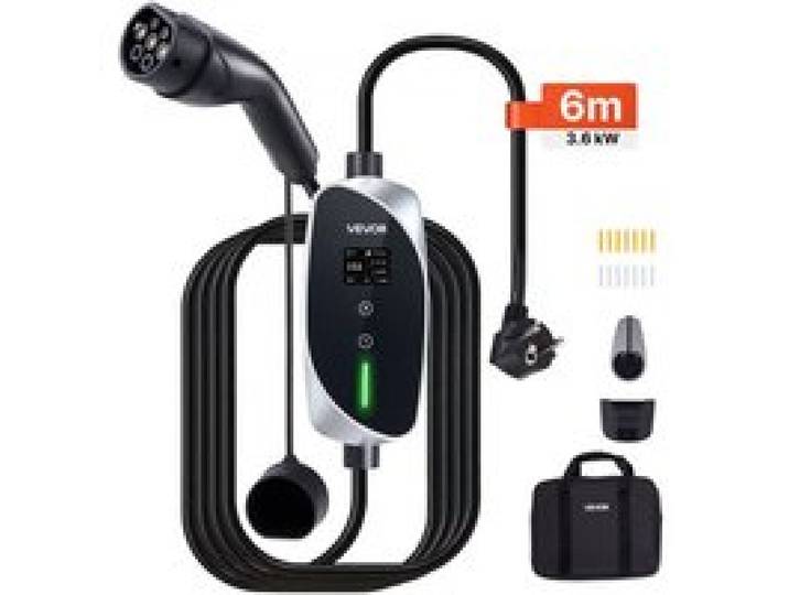 VEVOR Chargeur Voiture Électrique 3,6 kW Borne Recharge Véhicule Électrique Mobile 16 A avec Câble Recharge Type 2 6 m, Prise Schuko 16 A Monophasé, Écran LCD, Courant Réglable, Boîtier Commande IP66