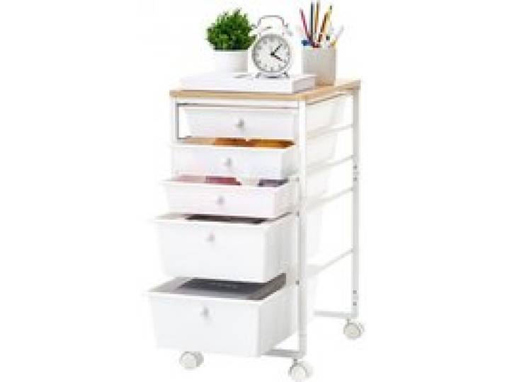 VEVOR Rollwagen mit 5 Schubladen Mobiler Rollcontainer 400x330x635mm Weiß, Metallgestell, Holztischplatte, Handgriffe, Lenkrolle mit 2 Bremsen, Aufbewahrungswagen für Büro Bastelzimmer Schlafzimmer