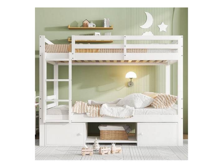 EXTSUD Etagenbett 90x200 cm Weiß – teilbar in 2 Betten, mit Regal & Schrank