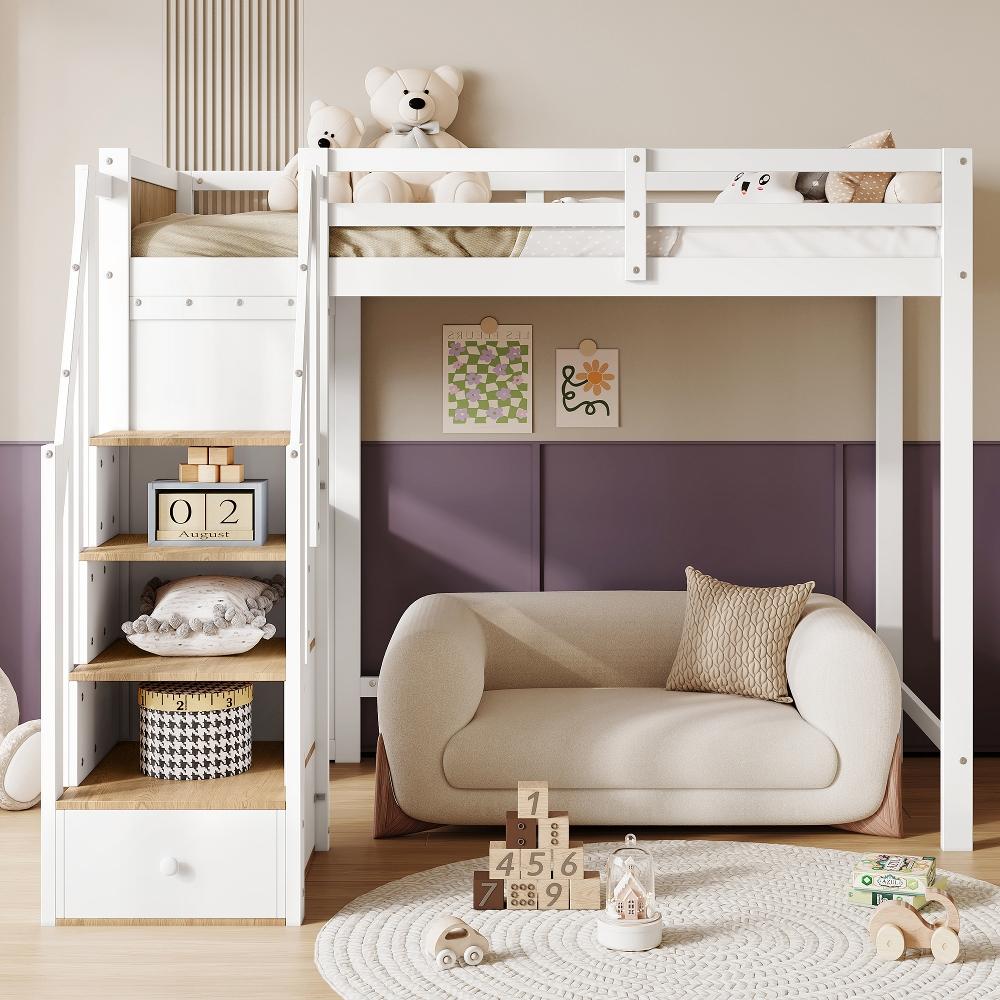 Etagenbett 90x200cm aus Kiefer, MDF und Sperrholz in Weiß+Natur, Kinderhochbett mit Fallschutzgitter, Schreibtisch mit 3 Schubladen