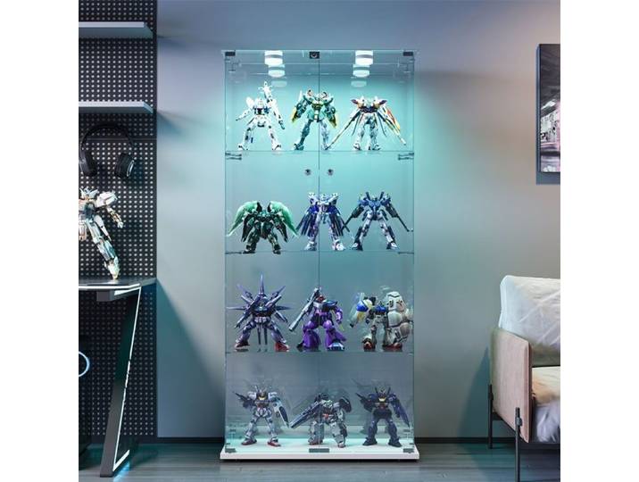 Vitrine de collection en verre trempé - Vitrine de collection à 4 niveaux - Cabinet d'exposition avec éclairage LED - Blanc