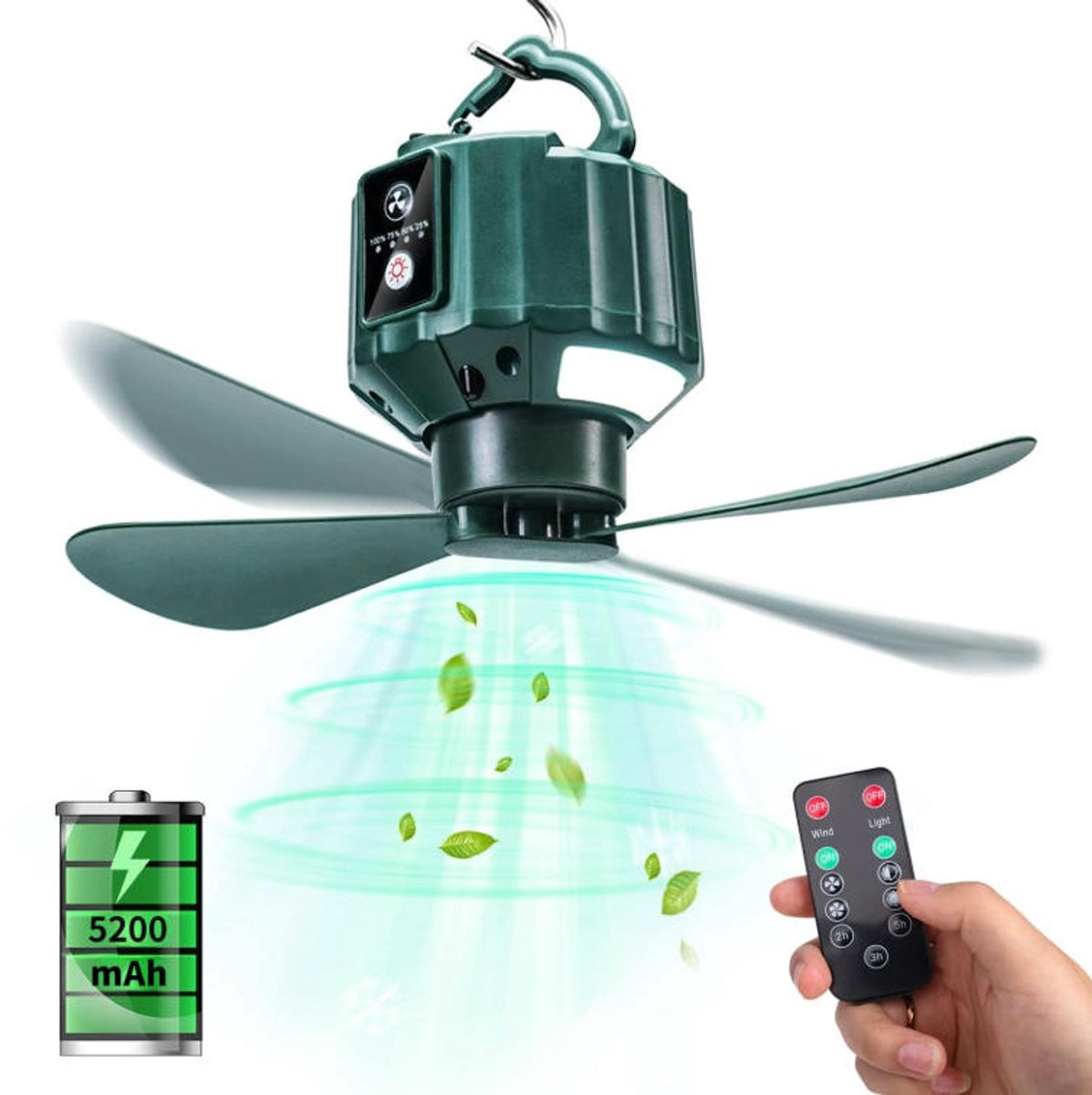 Mini Plafondventilator met Verlichting en Afstandsbediening - Groen - Oplaadbaar via USB