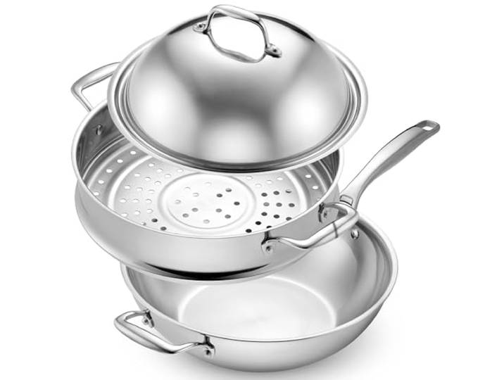 LEGEND COOKWARE 5-lagiges Edelstahl-Wok-Set, 30,5 cm, 5 Quart mit Deckel und Dampfgarer, Induktionskompatibel, ofenfest, ungiftig, keine Beschichtungen, gleichmäßiges Erhitzen, gebaut, um Generationen