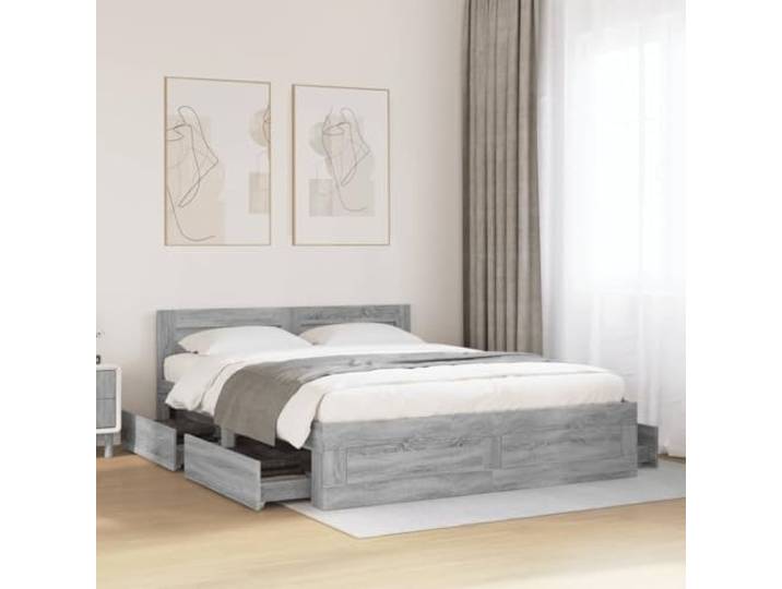 RJPLMFV Bettgestell Sonoma, Grau, 160 x 200 cm Langlebiges Holzwerkstoff, Lattenrost inklusive, Aufbewahrungsschubladen, Kopfteil zur Unterstützung des Rückens