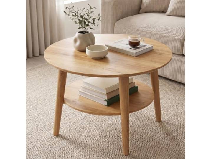 skølm Mjölnir Couchtisch rund Ø70 cm, Eiche massiv, Natur geölt, 2 Ablagen Wohnzimmertisch, Sofatisch, kleiner Beistelltisch, Holztisch Wohnzimmer mit Stauraum, Coffee Table, Eichenholz, Wohnmöbel