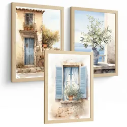 POSTER 3er Bilder-Set Wandbilder Maritim Aquarell Blau modern ohne Rahmen – Wohnzimmer Deko, Schlafzimmer, Küche, Badezimmer Leichter Holzrahmen A3