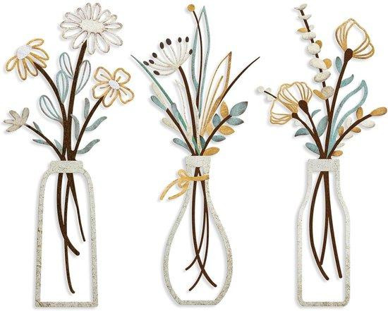 Benza Metalen wanddecoratie set van 3, kleurrijke bloemen in minimalistische vaasstijl, zwart/meerkleurig, 15 x 35 cm
