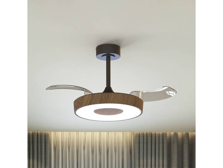 Smart LED plafondventilator Coin Mini hout/zwart DC stil Mini, dimbaar, hout licht, Woon-/ Eetkamer, metaal, Modern
