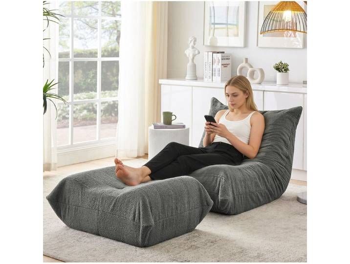 Fauteuil relax lazy sofa gris en Teddyfell avec repose-pieds mousse compressé sans montage JOINERY