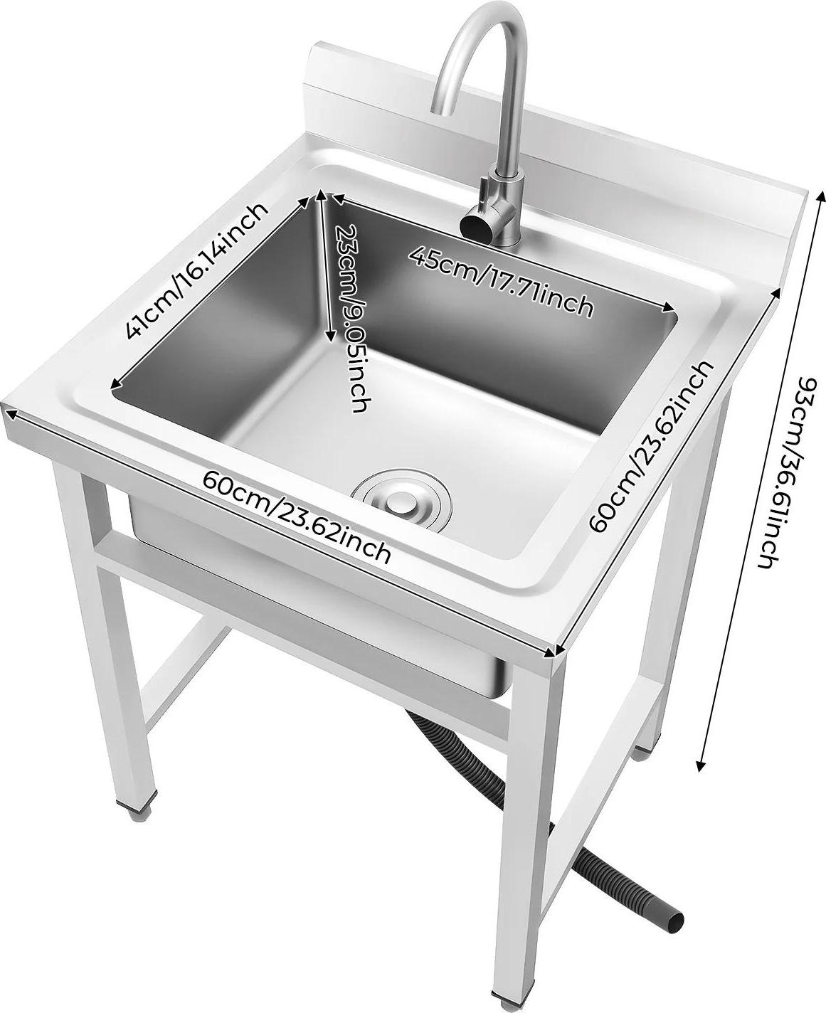 Freistehende Spüle - Edelstahl Einzelbecken 45×41×23 cm - Mit Wasserhahn - Große Kapazität - Höhenverstellbar - Silber