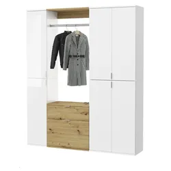 GARDEROBENSCHRANK weiß Hochglanz, Eiche 152 cm, Komplettset mit viel Stauraum