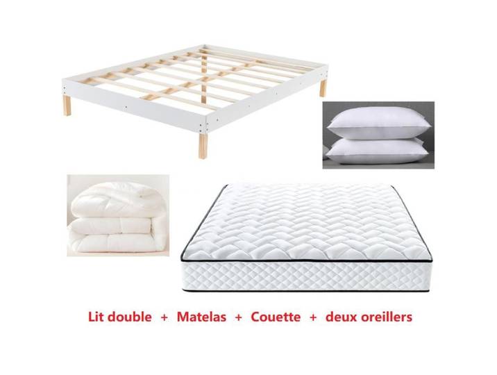 Lit double en bois + Matelas + Couette + deux Oreillers