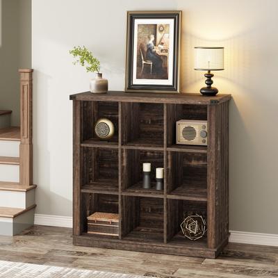 "Garvee 4-Tier 9-Cube Wooden Storage Organizer, 37.4"" Long Low Farmhouse Bookshelf"