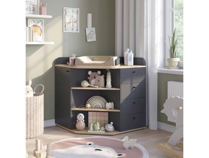 Vicco Wickelkommode Aria , Anthrazit, 85 x 90 cm mit Regalen und 4 Schubladen, geeignet als Wickelstation für Babys und Kleinkinder