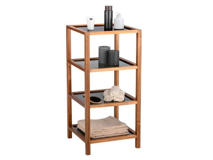 Colonne Étagère - WENKO - FONDI - Bois d'Acacia - Verre Noir - 4 Niveaux