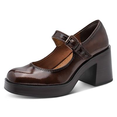Spangenpumps TAMARIS, Damen, Gr. 40, Synthetik Textil, braun (braun glänzend), Lacklederimitat, Synthetik, aufgeraut, glänzend, festlich, Schuhe Spangenpumps, Blockabsatz, Businessschuh in veganer Verarbeitung