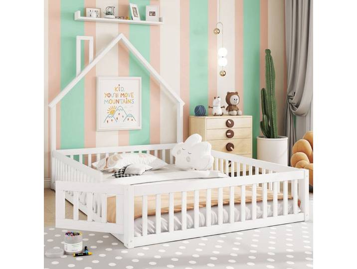 lit au sol enfant 140x200cm lit enfant lit double avec sommier à lattes forme de cheminée cadre pin blanc