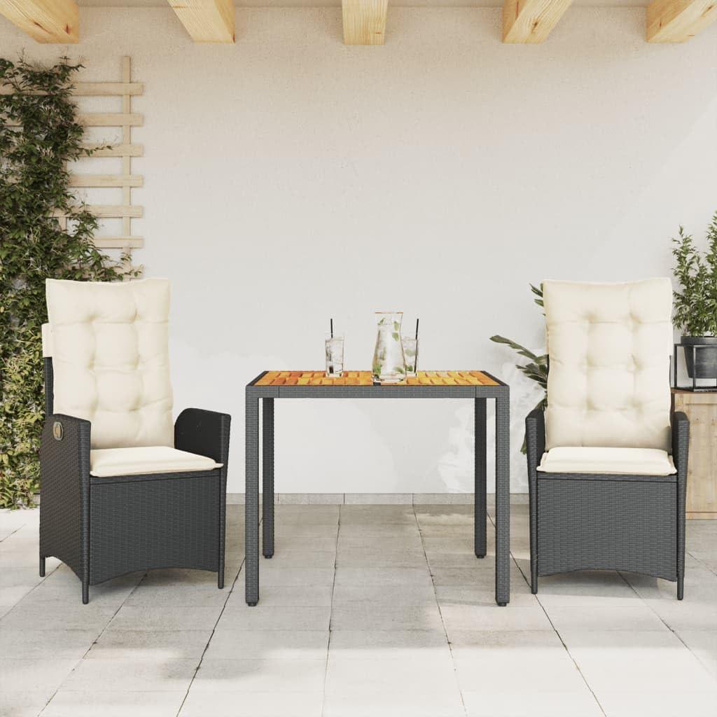 3-teiliges schwarzes Gartenmöbelset aus Poly-Rattan mit Kissen für Garten, Balkon und Terrasse