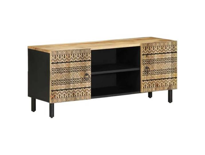 GHVBNMF TV-Schrank Schwarz 105x33,5x46 cm Mango Massivholz Lowboard Industrie-Design mit Eisenbeinen für Wohnzimmer und Schlafzimmer, 2 Fächer und Türen bieten praktischen Stauraum.