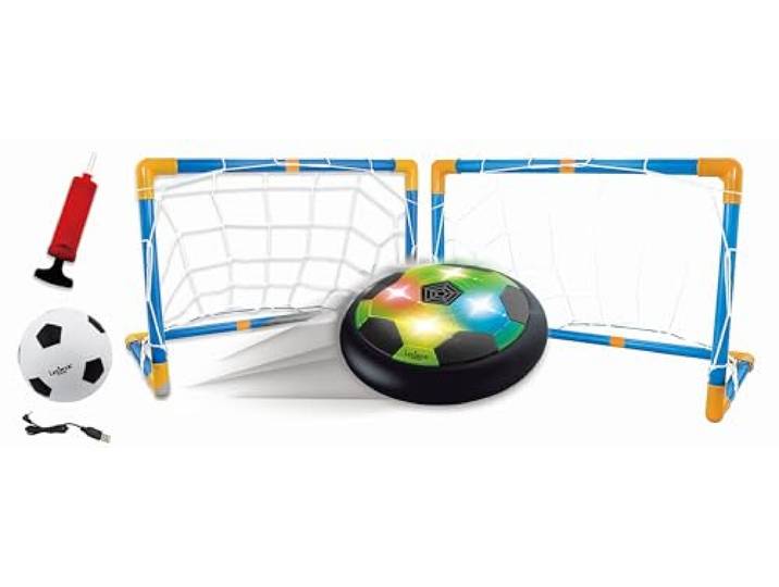 Lexibook, Aerofoot, Hovercraft voetbalschijf, 2 doelen, pomp en opblaasbare bal inbegrepen, glijdt gemakkelijk, snel en dynamisch, lichteffecten, anti-schok schuimranden, oplaadbaar, JG981