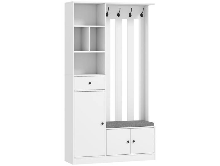 Homcom Garderobenschrank mit Sitzbank Schuhschrank 4 Haken Weiß, Holzwerkstoff, 100x180x30 cm, Garderobe, Garderobenschrank