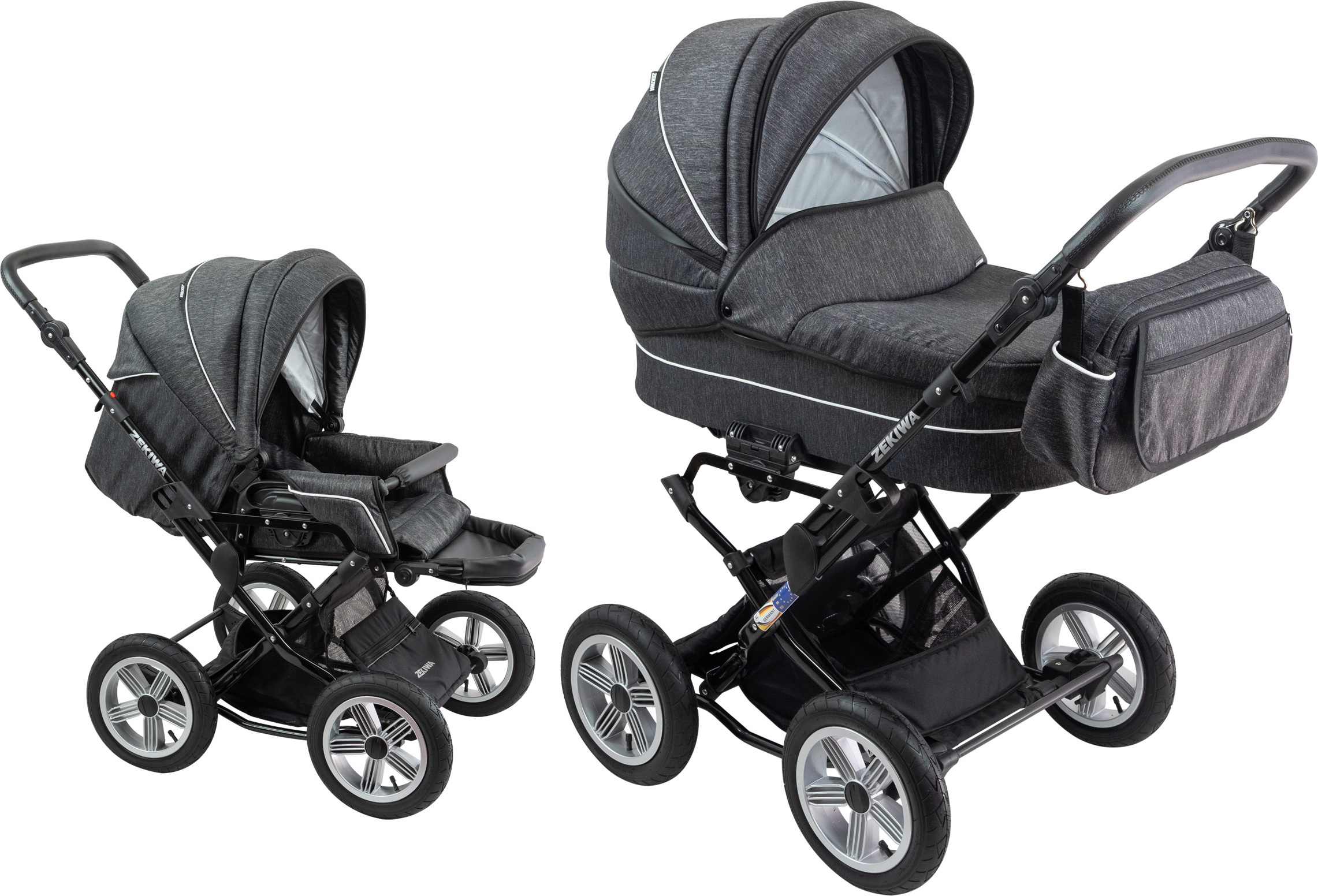 ZEKIWA Kinderwagen 2 in 1 "Graphit" - Touring Max - Gel Räder, XXL-Wanne (81 cm), Lederriemenfederung, inkl. Sportwagenaufsatz & Wickeltasche