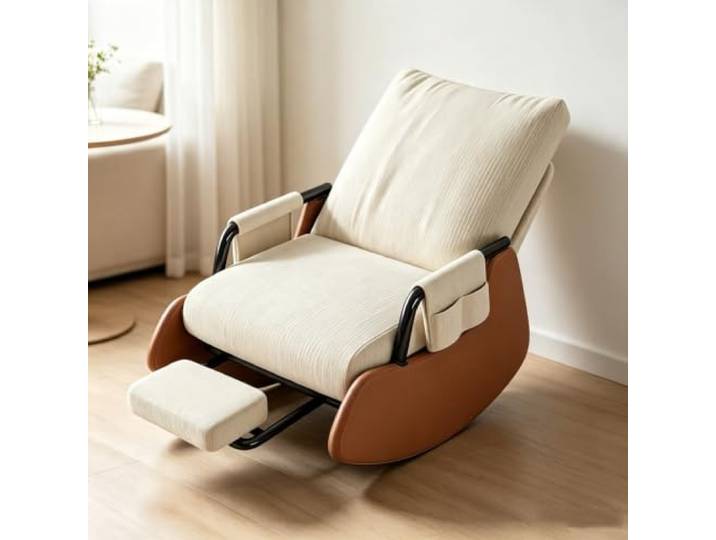 Gemütlicher Schaukelsessel – mit Ausziehbarer Fußstütze Bequemer Schaukelsessel mit 60cm breiter Sitzfläche und platzsparender Beinauflage fürs Wohnzimmer.