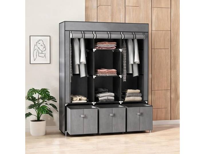 Wardrobe with Gris Tissu Non-Tissé and 49.2 x 16.9 x 64 in 5 cm – Cadre acier et tissu non-tissé
