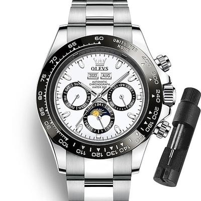 OLEVS Herren Automatikuhren Silberne Lünette Edelstahl Luxus Anzugsmechanik Mondphasen Wasserdichte Armbanduhren Geschenk für Männer Multi Datum