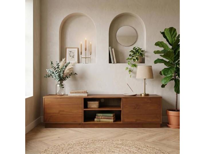 Meuble TV MAITE L 170 cm en Bois Massif Coloris Châtaignier avec 2 Portes et 2 Niches pour Télé jusqu'à 75  Portes Push-to-Open