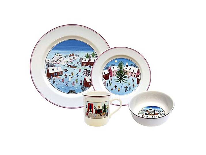 Villeroy & Boch Design Naif Christmas Geschirr-Set, 4-teilig Mehrfarbiges Porzellan-Geschirr-Set mit Volkskunst-Wintervignetten, spülmaschinenfest, deckt einen Tisch
