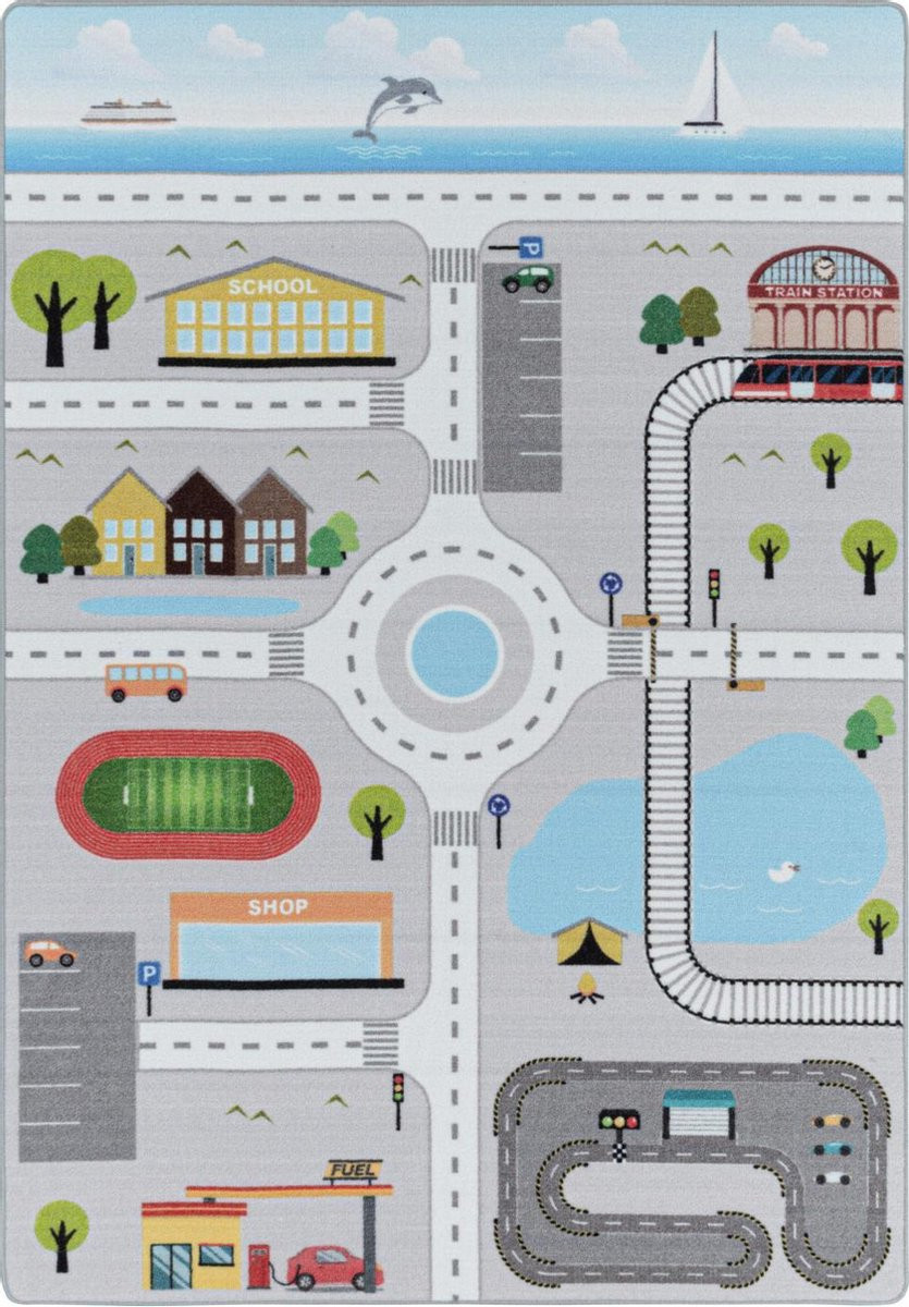 Vrolijk kinderkamer vloerkleed Play Streets grijs 140 x 200 cm